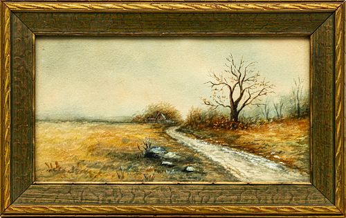 UNSIGNED WATERCOLOR ON PAPER, C. 1910, H 6.5", W 12", WINTER PATHWAY 
