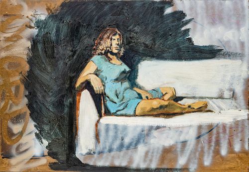 CONTEMPORARY OIL ON PANEL, H 22", W 32", RECLINING WOMAN 