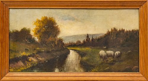 MARIE MAUL (GERMAN, 19TH C) OIL ON CANVAS, H 12", W 24", RIVER LANDSCAPE WITH SHEEP 