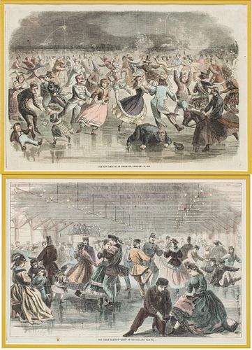 HARPER'S WEEKLY PRINTS ON PAPER, 1862, 1866, TWO PIECES, H 10", W 14", SKATING SCENES 