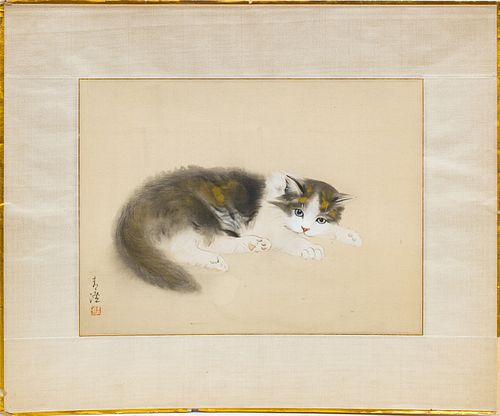 CHINESE WATERCOLORS AND GOUACHE ON SILK, THREE PIECES, H 10", W 13.5", IMAGES OF CATS 