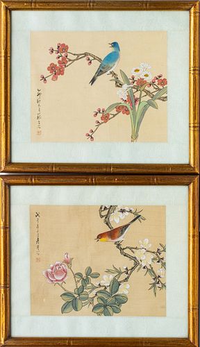 CHINESE WATERCOLORS ON SILK, 20TH C., TWO PIECES, H 9.5", W 11.5" 