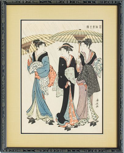 JAPANESE OBAN WOODBLOCK PRINT, 20TH C., H 15", W 10.5", THREE LADIES IN THE RAIN 