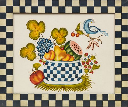 LINDA L BROWN HAND PAINTED REPRODUCTION STENCIL WITH WATERCOLOR ON PAPER, 1992 H 15.5" W 19.5" DEPICTING BOWL OF FRUIT WITH A BIRD 