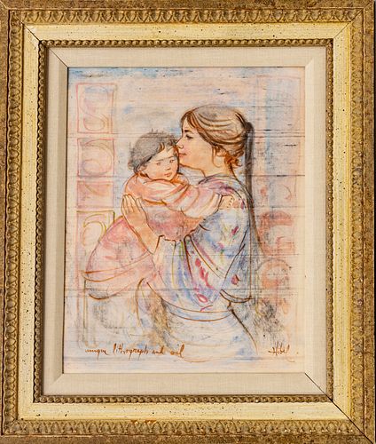 EDNA HIBEL, LITHOGRAPH & OIL ON BOARD, H 15", W 12", MOTHER & CHILD 