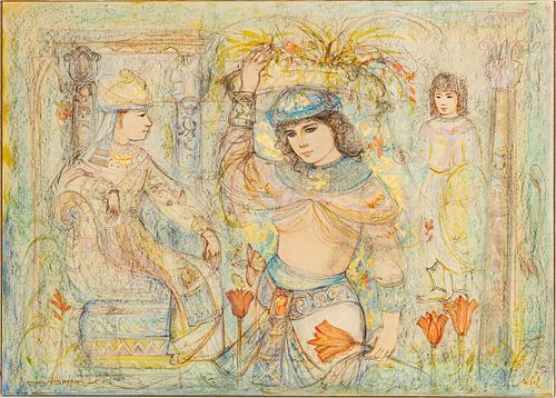 EDNA HIBEL, EMBELLISHED LITHOGRAPH MOUNTED TO BOARD, H 30", W 42", THREE EGYPTIAN FIGURES 