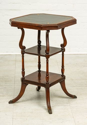 MAHOGANY  TABLE, LEATHER TOP C 1950 H 29" W 17" 