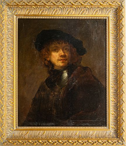 AFTER REMBRANDT VAN RIJN OIL ON PANEL, SELF PORTRAIT AS A YOUNG MAN H 24.5" W 20" 