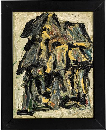 HAROLD ALVIN SIMS, (AMERICAN B.1935) OIL ON BOARD DATED 1959 H 19" W 14" ABSTRACT IMAGE 