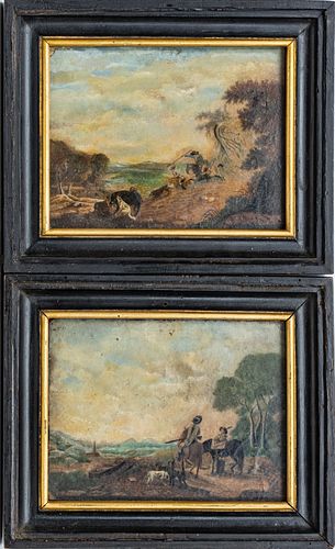 GERMAN OIL ON LAID PAPER, LAID DOWN TO BOARD, 18TH C, PAIR, H 7", W 9", BOAR HUNTING SCENES 