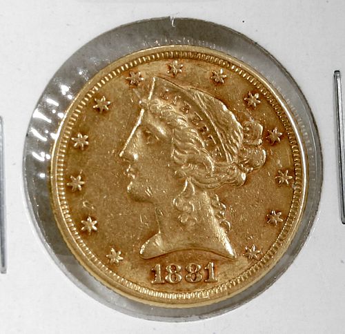 US CORONET, DOUBLE DATE ENTRY, $5 DOLLAR GOLD COIN, 1881                                            