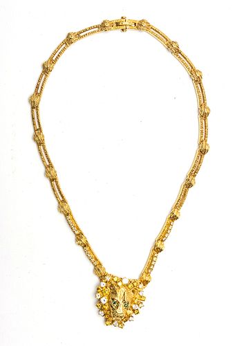 18KT GOLD AND DIAMOND NECKLACE, LION PENDANT W 1.25", L 14.5", T.W. 62 GR 