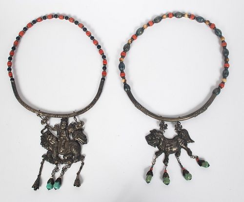 CHINESE UNMARKED SILVER, STONE & CHAMPLEVE CHOKERS, PAIR, DIA 7", T.W. 280 GR 