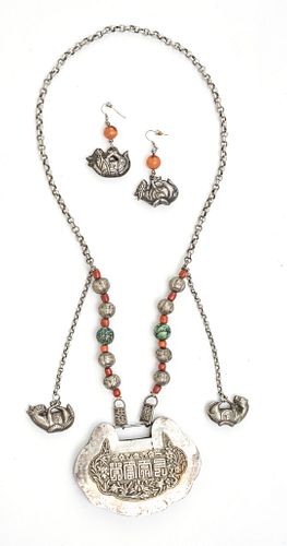 CHINESE UNMARKED SILVER, TURQUOISE & CARNELIAN NECKLACES & EARRINGS, 3 PCS, L 31" (NECKLACE) T.W. 7.5 TOZ 
