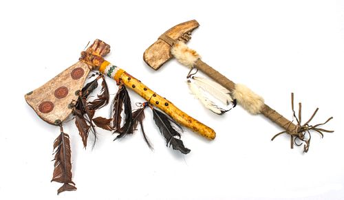 NATIVE AMERICAN BONE, WOOD AND LEATHER WAR CLUBS, 20TH C., H 23" AND 25" 