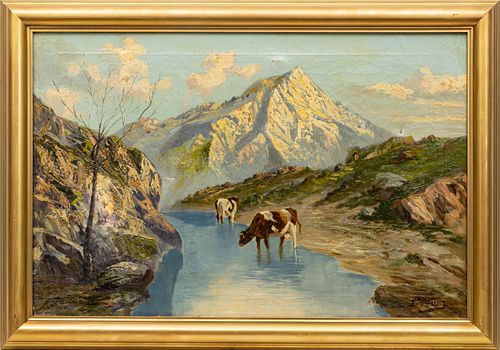 P. ARTURI, OIL ON CANVAS, H 20" W 30" MOUNTAIN STREAM WITH CATTLE 