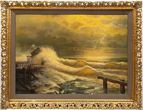 E. HODSON, WALES OIL ON CANVAS, CRASHING WAVES, H 30.25" W 42" 