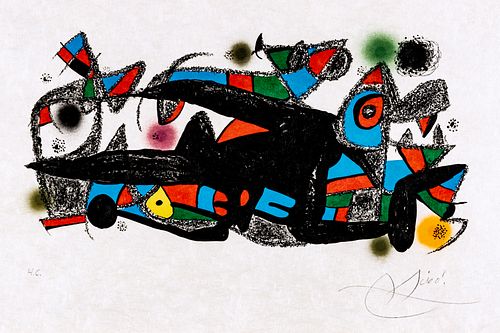 JOAN MIRO (SPANISH, 1893–1983) LITHOGRAPH IN COLORS, ON JAPON PAPER, 1974 H 8.625" W 15.375" FOTOSCOP 