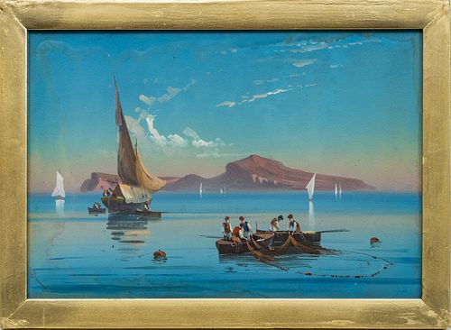 ETTORE ROMANO (ITALY, 1902-1996) GOUACHE ON BOARD, H 9", W 14", COASTAL VIEW WITH FISHERMEN 