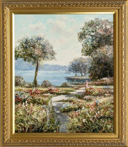 ROBIN PHILLIPSON OIL ON CANVAS, H 24", W 20", LAKESHORE WITH GARDEN PATH 