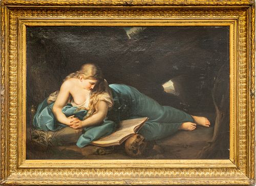 AFTER POMPEO GIROLAMO BATONI, OIL ON CANVAS, 19TH C., H 27.5", W 41.5", RECLINING MARY MAGDALENE 