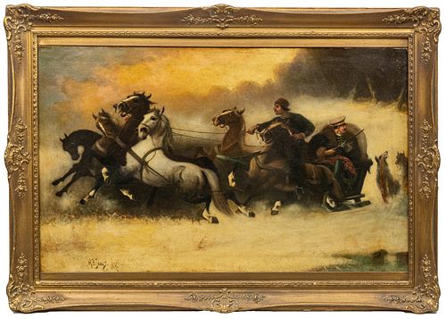 HUGH BOLTON JONES (AMERICAN 1848-1927) OIL ON CANVAS MOUNTED TO BOARD, LATE 19TH/EARLY 20TH C., H 22", W 35.5", TROIKA PURSUED BY WOLVES 