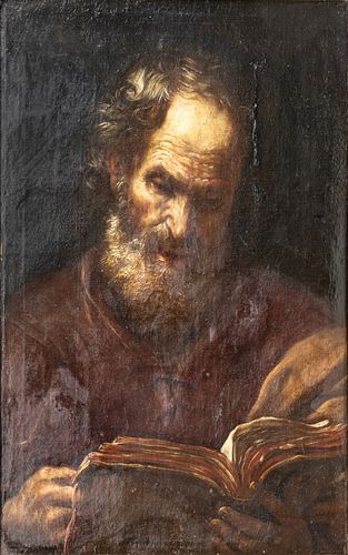 OIL ON CANVAS LAID TO LINEN, 17/18TH C, H 28", W 19.5", SAINT MATTHEW READING 