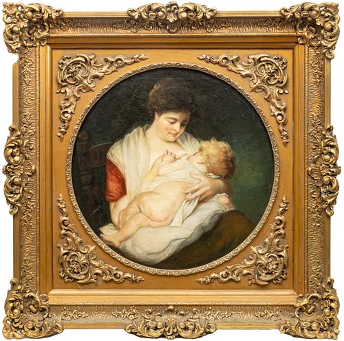 AMERICAN  OIL ON CANVAS, MOTHER & CHILD, C.1860-1880 H 24" W 24" 
