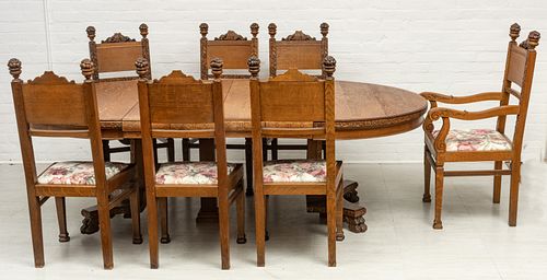 AMERICAN CARVED OAK DINING SET, C 1900 TEN PIECES 