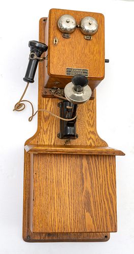OAK CASE WALL-MOUNTED CANDLESTICK TELEPHONE, 20TH C., H 32", W 12", D 8" 