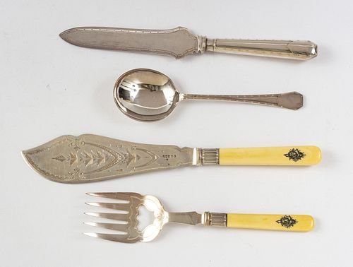 FISH SERVING SET BY H B & H; FISH SERVING KNIFE AND SPOON, C 1900 4 PCS. 