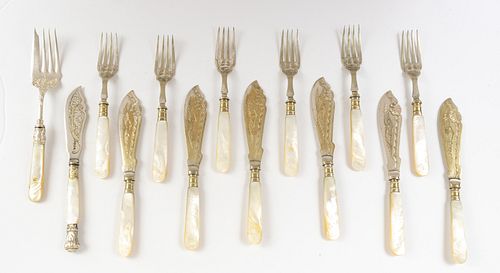 MOTHER OF PEARL HANDLE FISH SET, KNIVES AND FORKS FOR SIX 12 PCS + 2 OTHERS 