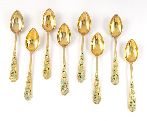 RUSSIAN "875" SILVER GILT WITH ENAMEL TEASPOONS SET OF 8 