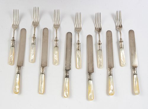 UNIVERSAL MOTHER OF PEARL HANDLE  FORKS AND KNIVES, C 1900 12 