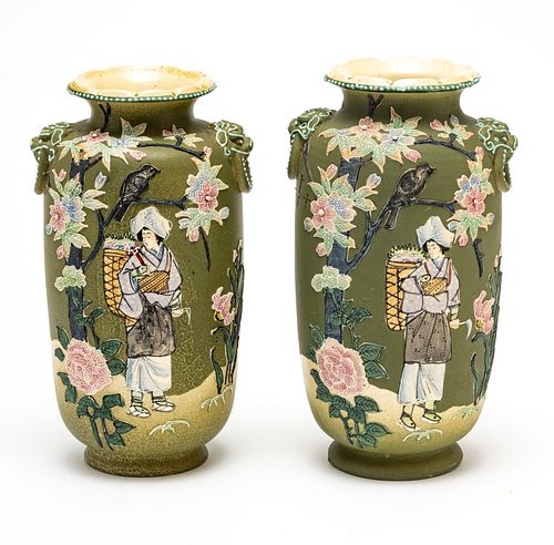 CHINESE POTTERY MORIAGE VASES C 1900 PAIR H 12" 