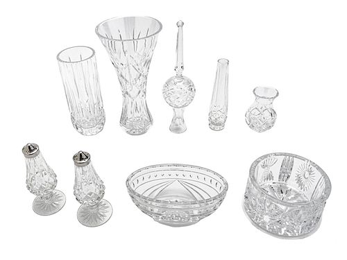 WATERFORD CRYSTAL VASES, BOWLS, SHAKERS & TREE TOPPER, 9 PCS, H 3"-10" 