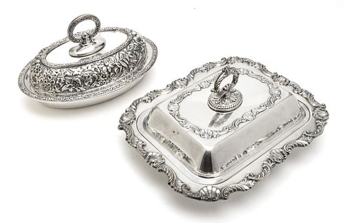 TIFFANY & CO  SILVER PLATE REPOUSSE ENTREE SERVER + ONE OTHER 2 PCS L 19", 12" 