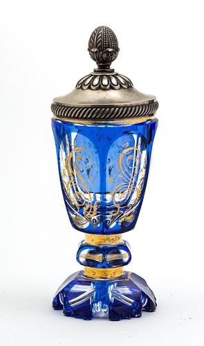 BOHEMIAN BLUE CRYSTAL OVERLAY VASE, SILVER COVER, C 1850, H 8" 