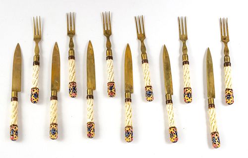 CERAMIC HANDLE FRUIT KNIVES AND FORKS, C 1900 SET OF 12 L 6" BY STAHL BRONCE 
