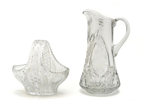 CUT GLASS WATER PITCHER AND BASKET H 11" 
