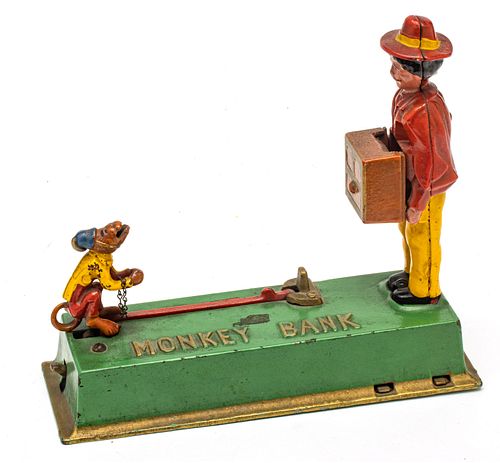 AMERICAN MECHANICAL MONKEY COIN-TRICK BOX WITH LOCKING KEY-PLATE, (NO KEY) GOOD WORKING ORDER H 7.5" L 9" 