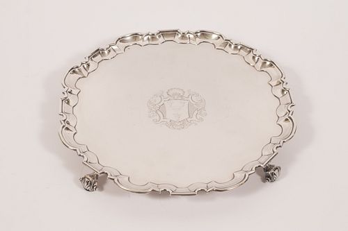 ROBERT  ABERCROMBY, GEORGE II STERLING SILVER LARGE SALVER, 44.3TO 1735, DIA 14" 