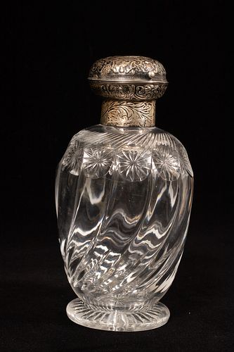 WILLIAM COMYNS & SONS, LONDON, STERLING SILVER AND CUT CRYSTAL PERFUME BOTTLE, C. 1888, H 7", DIA 4" 