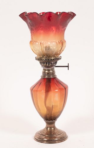 HINKS & SON BIRMINGHAM, ENGLAND AMBERINA GLASS LAMP C 1880 H 11.5 