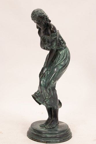 CONTINENTAL STYLE BRONZE SCULPTURE LATE 20TH C.  H 36" W 13" WINDY DAY 