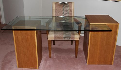 CONTEMPORARY PLATE GLASS AND WOOD DESK, ALSO CHAIR H 30" L 68" D 30" 