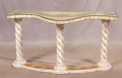 CARVED ALABASTER AND POLYCHROME INDIAN CONSOLE TABLE H 27" L 54" D 24" 