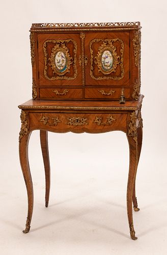 FRENCH LOUIS XV STYLE ORMOLU & SEVRES WRITING DESK, C. 1900, H 3' 11", W 2' 2", D 1' 7" 