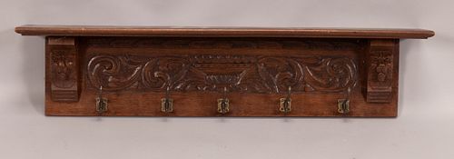 CARVED OAK AND METAL WALL RACK C 1900 H 10" L 43" D 7.5" 