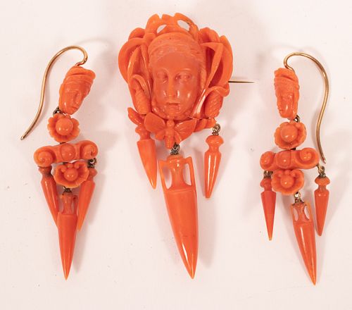 CORAL CARVED BROOCH AND EARRINGS, C. 1900 